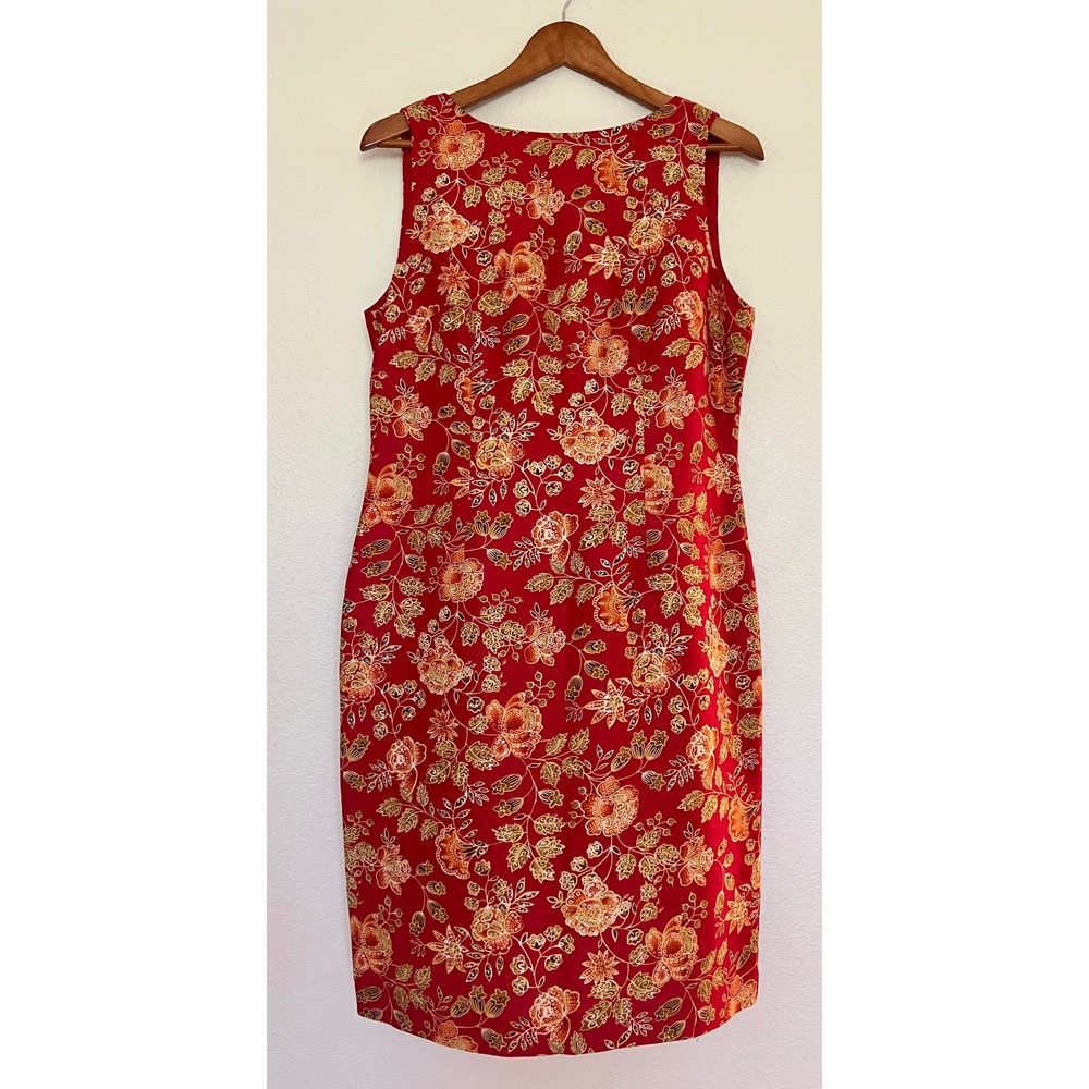 Valerie Dresses Red Gold Floral Pure Silk Sheath Midi Dress Sleeveless Size 10